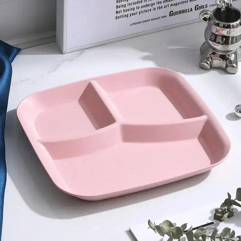 Plato de comedor cuadrado de tres rejillas de plástico, plato de desayuno para el hogar, plato de fideos y nueces, partición cuantitativa, plato de comida ligero