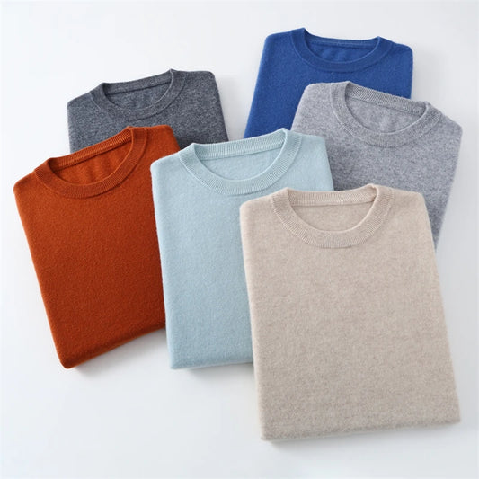 Otoño/Invierno, jersey de cachemira pura de 100% para hombre, suéter de punto liso informal de negocios, Tops sueltos de cuello redondo, jersey grueso y cálido