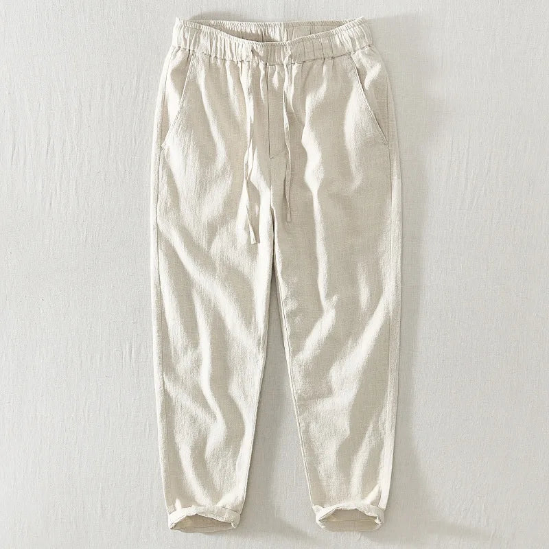 Pantalones informales de lino hasta el tobillo para hombre, ropa de calle fina con cordón Simple, de gran tamaño, BL8226, novedad de verano