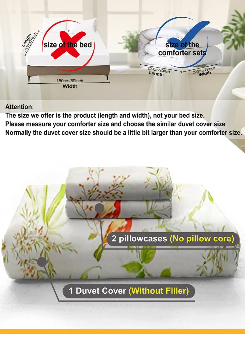 Juego de funda nórdica con estampado floral de hojas, 3 unidades/juego (1 funda nórdica y 2 fundas de almohada), juego de ropa de cama suave y agradable para la piel