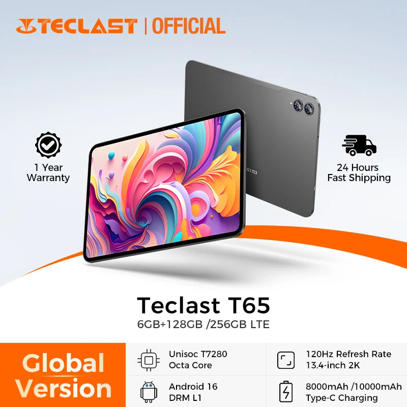 Tableta Teclast T65 de 13.4 Pulgadas con Pantalla 2K a 120Hz, Unisoc T7280 Octa Core, Máximo 26G de RAM, 128GB de ROM, Batería de 8000mAh, Android 16, Doble SIM