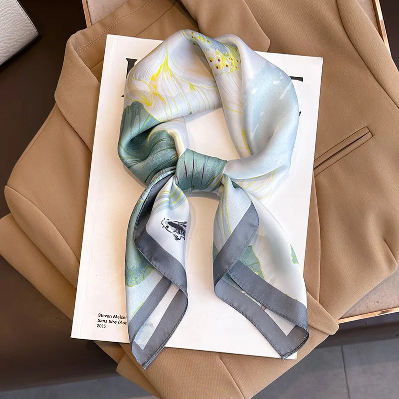 Bufanda cuadrada de seda a cuadros para mujer, banda de satén para el pelo, suave para el trabajo, Hijab, Foulard para la cabeza, 2021