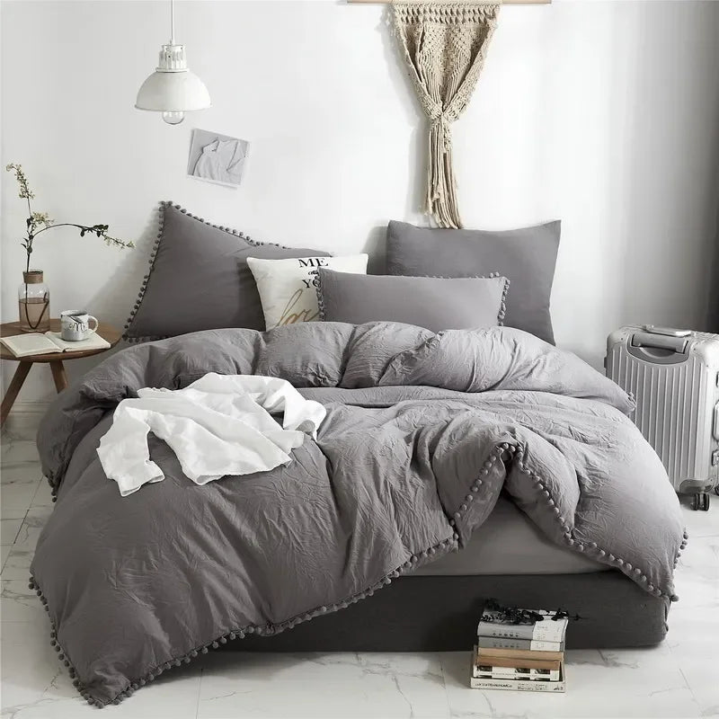 Funda de edredón suave y lavada, Juego de 3 piezas, funda de almohada, juego de ropa de cama para Twin, Full, Queen, King Size, decoración de pompones
