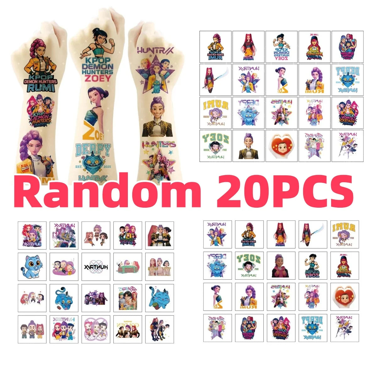 20 piezas/set de pegatinas de tatuajes temporales de dibujos animados Kpop Damon Hunters Rumi Kang, pegatinas de tatuajes de demonios Rumi para regalos de fiesta