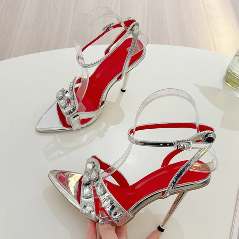 Liyke, moda de verano, sandalias de tacón alto Thih de Metal con remaches de gemas y banda estrecha para mujer, zapatos sexis de punta abierta y puntiaguda para vestido de fiesta, talla 41