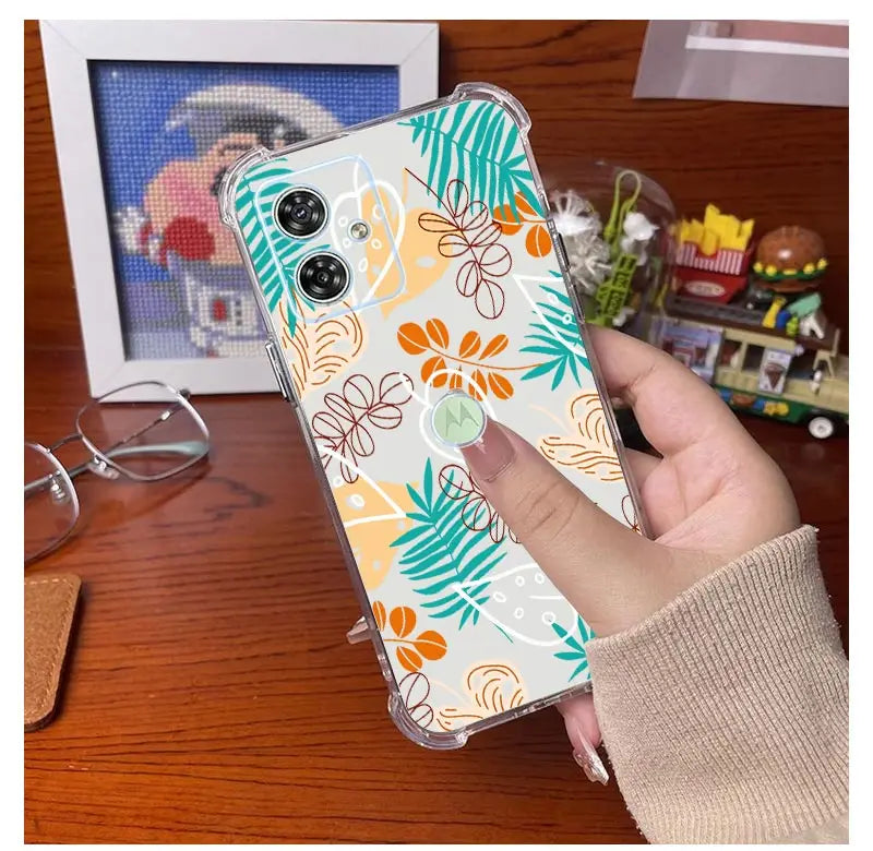 Funda de teléfono transparente G54 flores y hierba para Motorola Moto G54 G53 G52 G72 G82 G13 G73 G32 G84 G14 G42 G24Power G30 G9