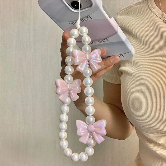 1 Stk. Rosa Perlen Schleife Telefon Kette, Anti-Verlust Armband für Handyhülle, Handschlaufe, XYun Lanyard, Telefon Schlüsselanhänger, Tragbare Kette