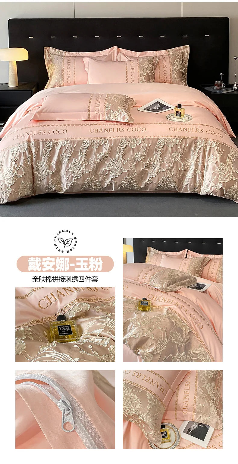 Juego de cama europeo de alta gama, juego de cuatro piezas de algodón de lujo, funda de edredón bordada de algodón, sábanas, sombreros, ropa de cama para personas mayores