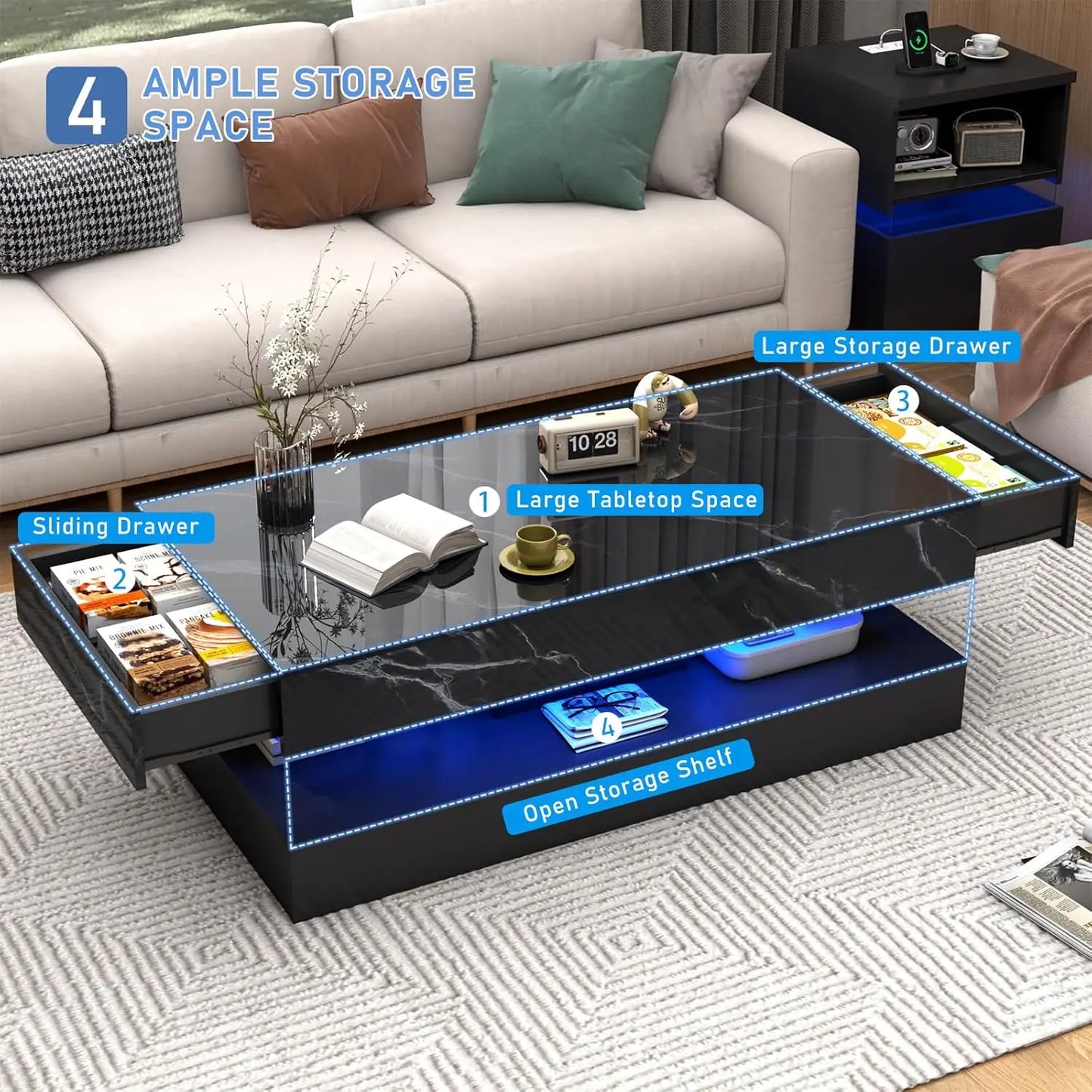 Mesa de Centro Moderna y Elegante con Luces LED, Diseño de Doble Capa para Sala de Estar con 2 Cajones de Almacenamiento