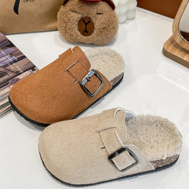 2025 niños niñas invierno cálido felpa corcho cama piel zuecos zapatillas señora peluda casa pisos zapatillas de algodón