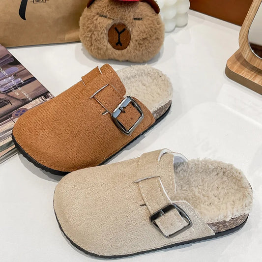 2025 niños niñas invierno cálido felpa corcho cama piel zuecos zapatillas señora peluda casa pisos zapatillas de algodón