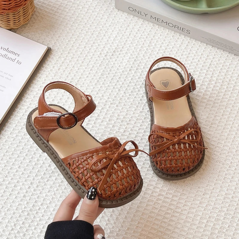 Sandalias Casuales de Verano para Niñas, con Lazo, Tejidas, Planas, Antideslizantes, con Diseño Calado, para la Playa, la Escuela y el Uso Diario