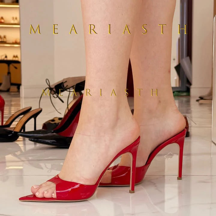 Sandalias de tacón de charol rojo, Sandalias poco profundas sin cordones, tacones sexis sólidos, zapatos de tacón de aguja de verano de 10CM, Sandalias con punta abierta y una correa