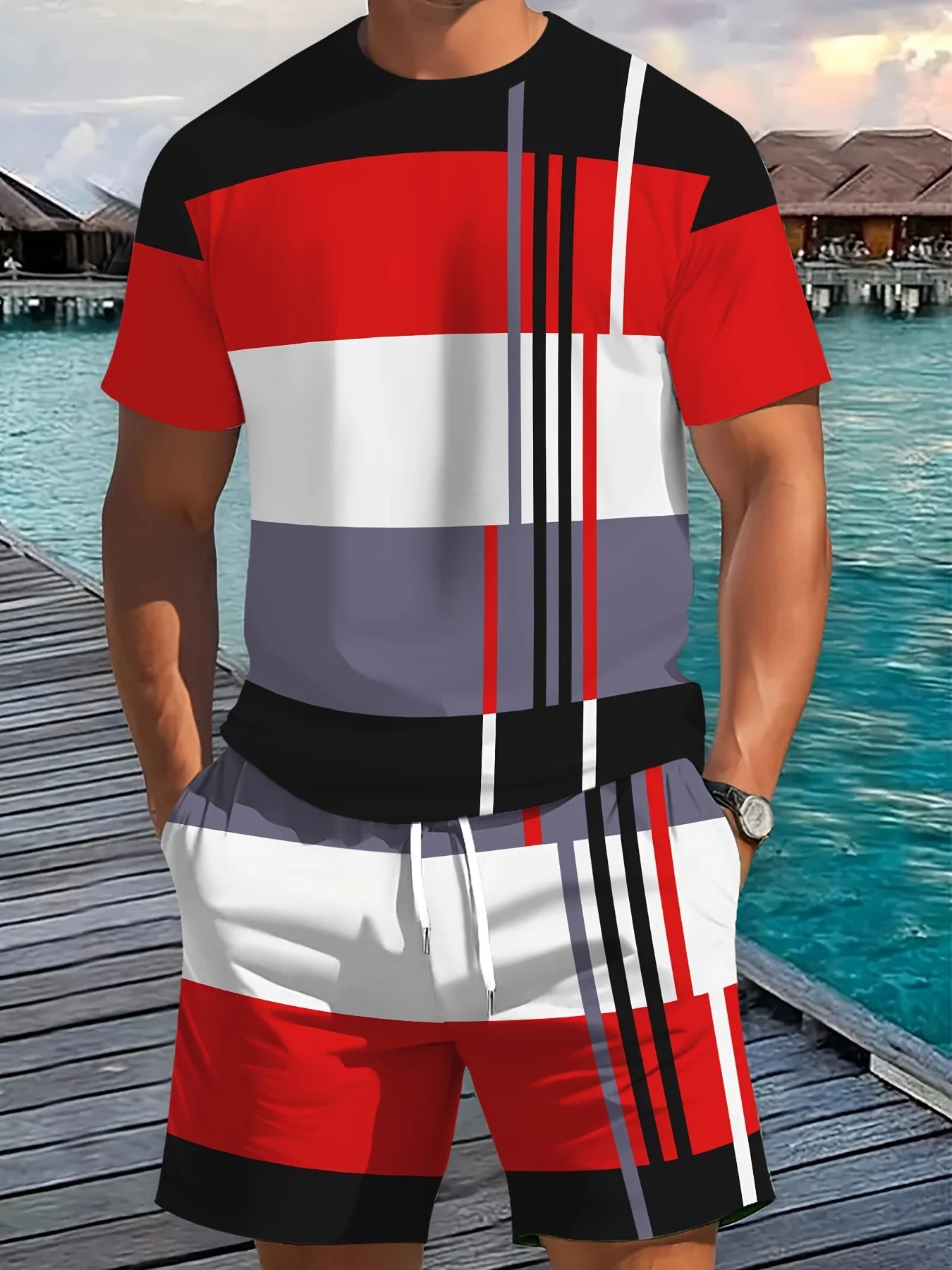 Nueva ropa deportiva de verano para hombre, conjunto de camiseta de manga corta a rayas, ropa de viaje al aire libre de dos piezas, pantalones cortos de ajuste relajado, ropa de entrenamiento
