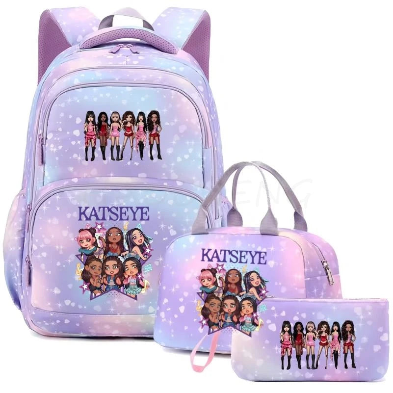 Mochila Katseye para mujer, 3 unidades/juego, mochila escolar para estudiantes, mochila de viaje al aire libre de gran capacidad, mochila escolar para estudiantes con dibujos animados