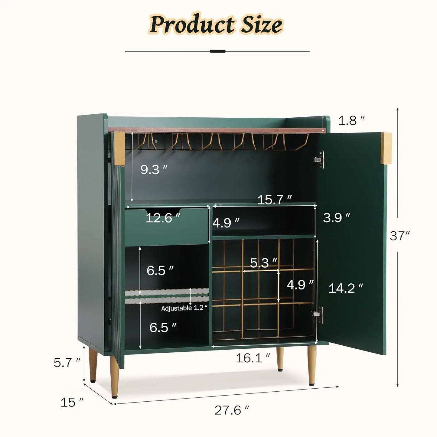 Mueble Bar para Café Verde, Mueble Buffet de 37 Pulgadas con Textura Acanalada, Mueble para Licores con Botelleros para el Hogar, Personalizable