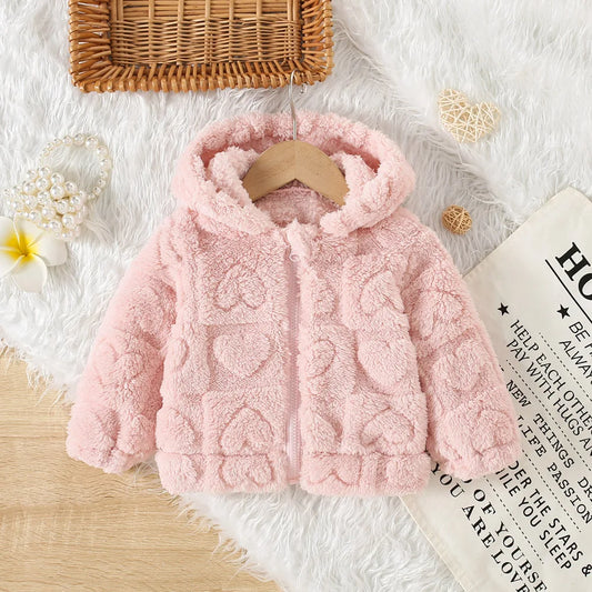 Chaqueta de lana rosa de princesa para niña con patrón de amor, abrigo cálido para niño pequeño, prendas de vestir con capucha, ropa de invierno para bebé