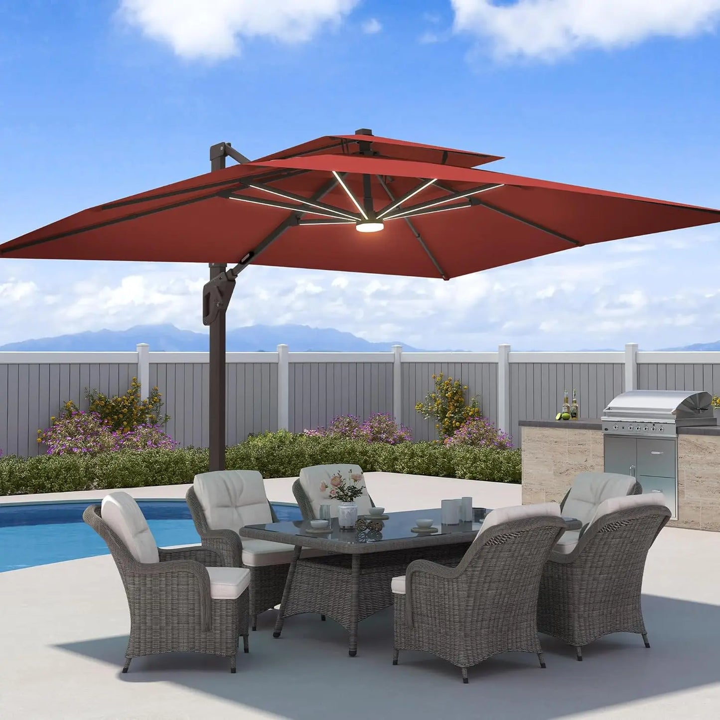 Sombrilla de Patio de 9x12 Pies con Luces LED, Sombrilla Rectangular Grande y Resistente de Aluminio para Exteriores, Personalizable