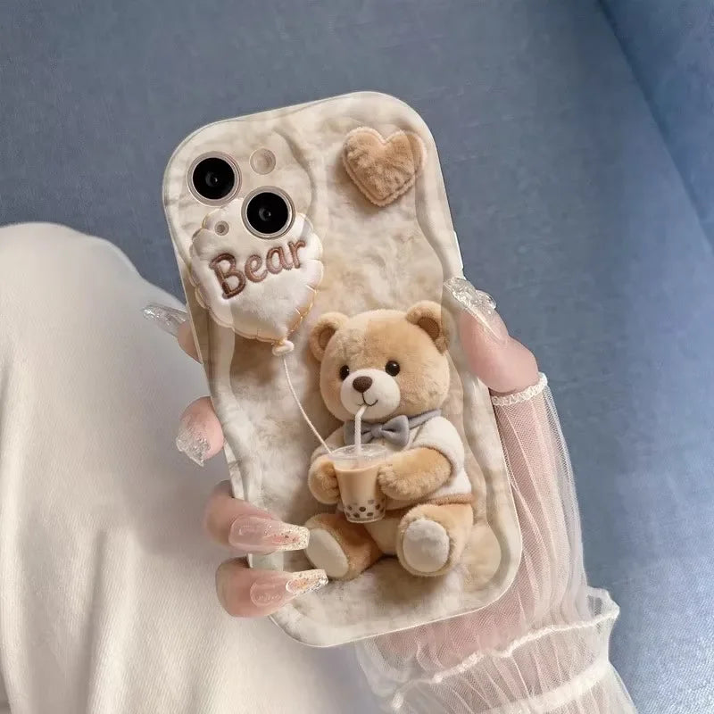 Funda de felpa con diseño de oso y gato con pajarita de té con leche para OPPO Reno 16 15 16F 15F 13F 12F 11F 14F 8 11 12 13 14 Pro 8T 5G Reno 7 4G 5 6 Lite