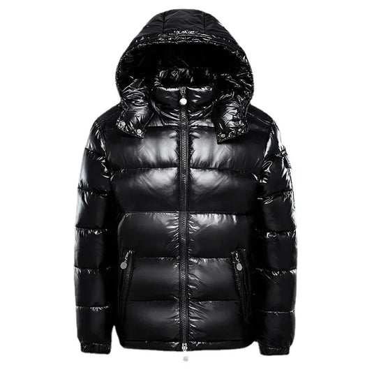 Modische wasserdichte kurze Herren-Daunenjacke, leichte Entendaunen-Parka für Skifahren im Schnee, hochwertige glänzende Parka, Herren-Winterjacke