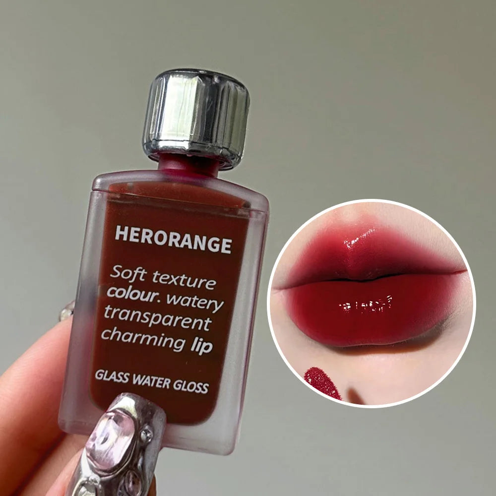 Brillo de agua de vidrio ligeramente, esmalte de labios Herorange, espejo hidratante, labios regordetes, no es fácil de pegar en la taza, maquillaje de larga duración