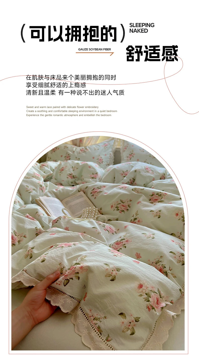 Juegos de funda nórdica de algodón lavado, juego de cama con estampado de flores individual/Queen/king, estilo princesa, funda de couette de 220x240 con encaje