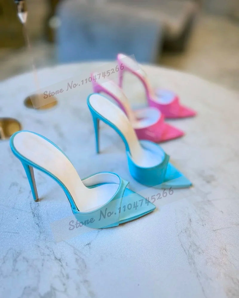 Cielo Azul Satén Tacón Alto Mules Rosa Borgoña Punta Puntiaguda Zapatillas Modernas Slip-On Vestido Elegante Sandalias Zapatos de Banquete Poco Profundos