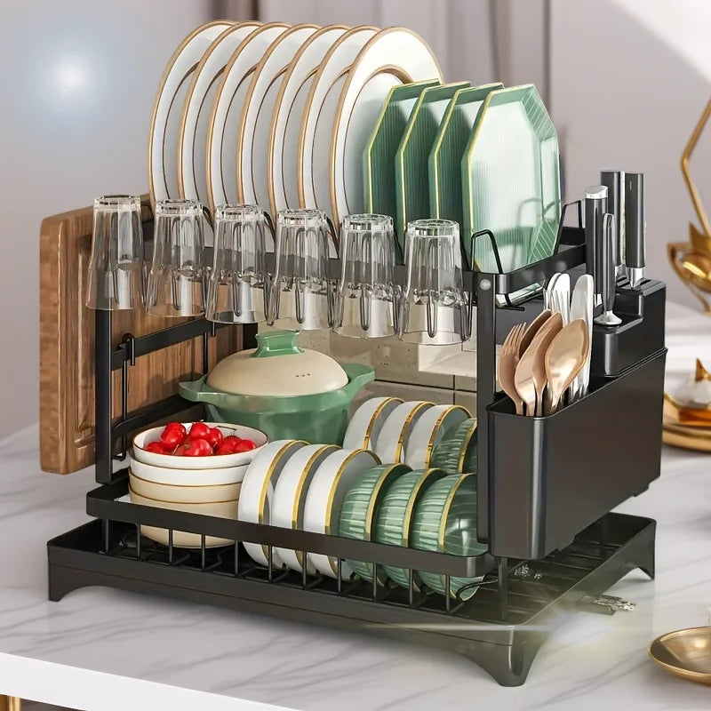 Estante para cuencos de cocina, escurridor de doble capa, 1 unidad, escurridor de vajilla, soporte para palillos, tazas y tablas de cortar, estante de almacenamiento para cocina.