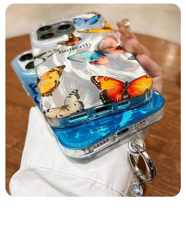 Funda de teléfono de arena con plumas graduales plateadas y mariposas de lujo para iPhone 16 15 14 13 12 11 Pro Max X XR 7 8 Plus, funda con cordón