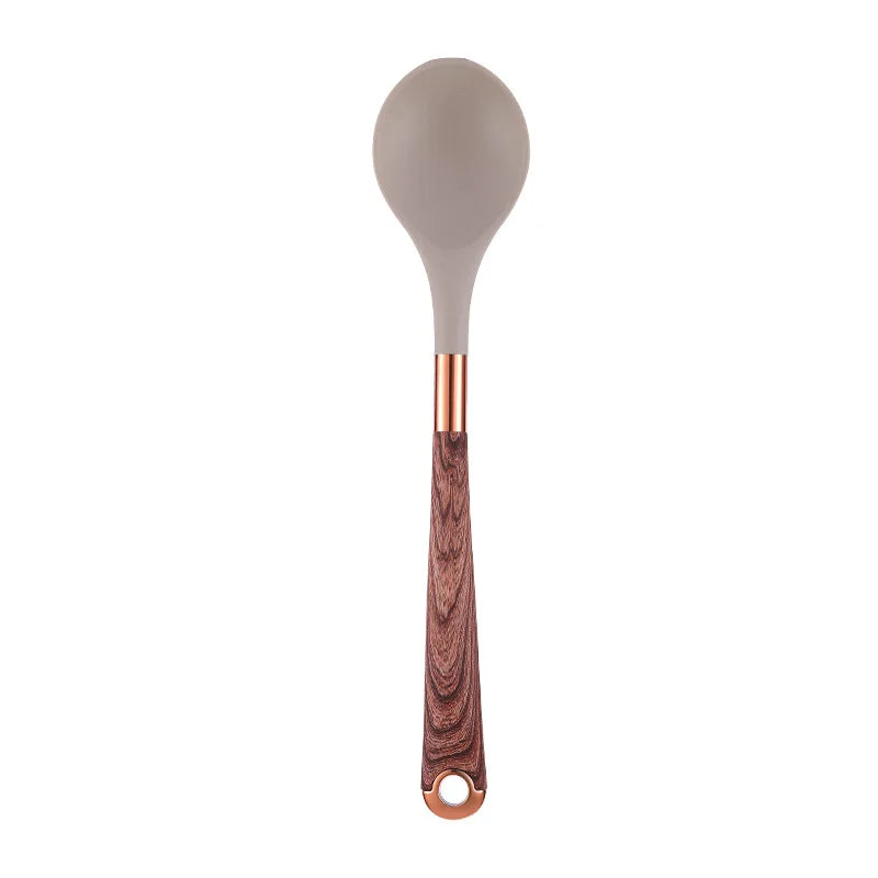 LMETJMA Juego de utensilios de cocina de silicona, 10 Uds., utensilio de cocina con soporte para utensilios, asas de patrón de madera, utensilios de cocina antiadherentes JT264