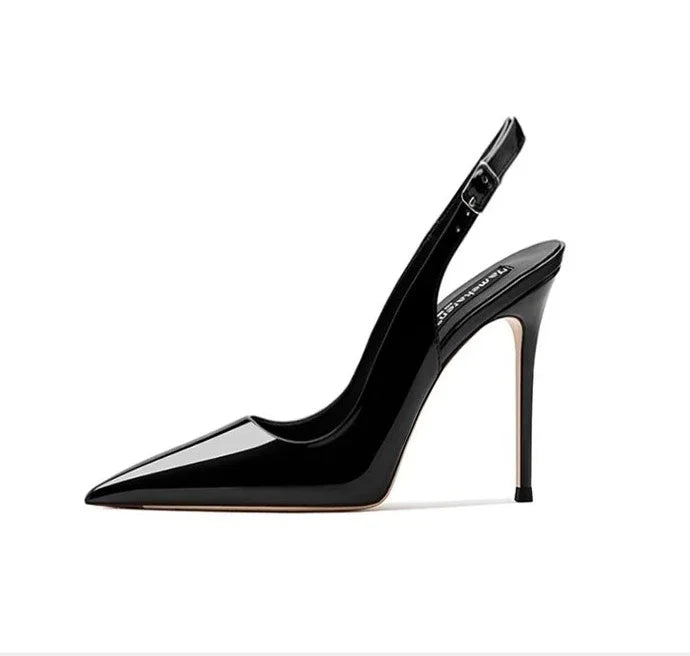 Sandalias sexis de tacón alto con puntas puntiagudas y elegantes zapatos de mujer de fiesta de moda con tiras de charol de verano 2025
