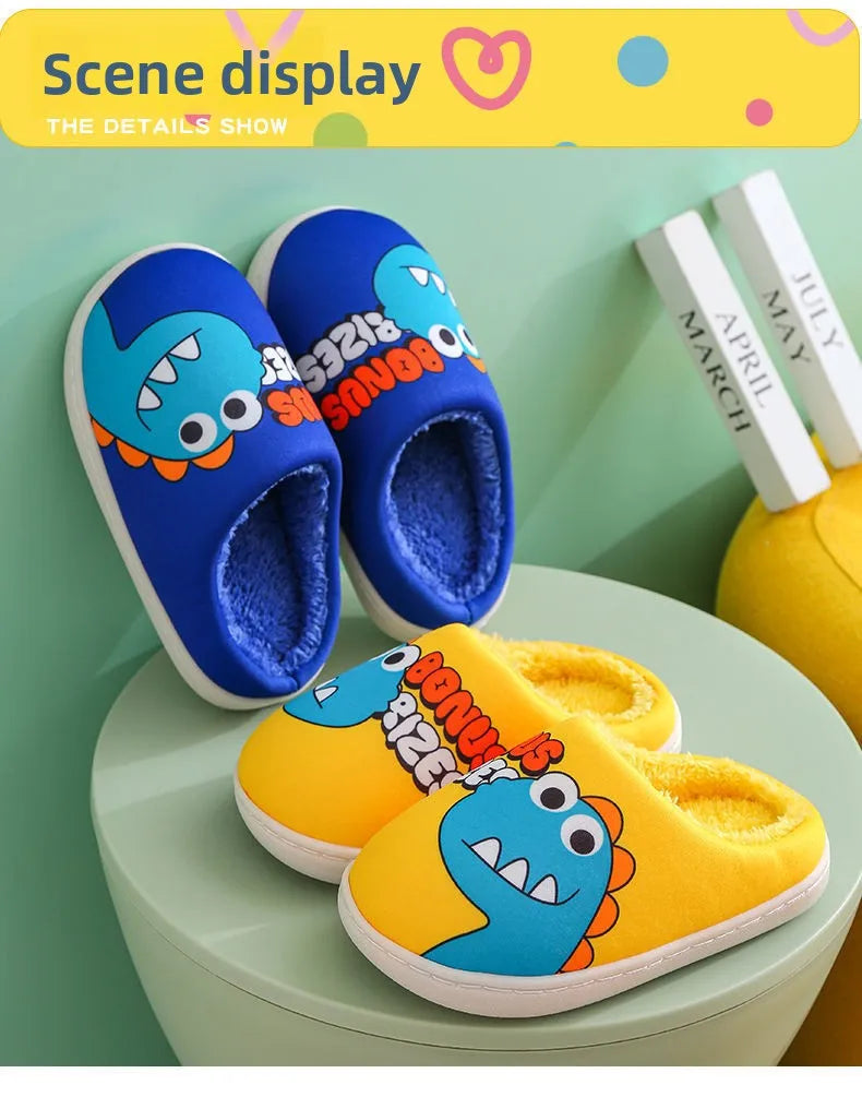 Zapatillas con patrón de dinosaurio de dibujos animados para niños y niñas, bonitos zapatos de felpa, zapatos cálidos adecuados para interiores de otoño e invierno