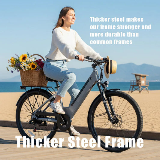 Bicicleta eléctrica para adultos, bicicleta de compras de 26", 7 velocidades, diseñada para viajeros, estudiantes y parejas, disfruta de paseos de ocio