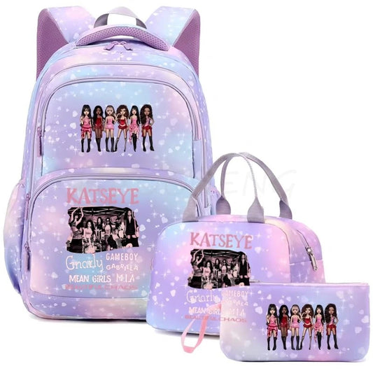 Mochila Katseye para mujer, 3 unidades/juego, mochila escolar para estudiantes, mochila de viaje al aire libre de gran capacidad, mochila escolar para estudiantes con dibujos animados