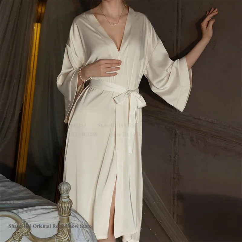 Elegante Conjunto de Bata Larga para Mujer, Lencería Sexy, Ropa de Dormir, Kimono Holgado, Bata de Baño, Vestido de Casa de Satén Sedoso, Ropa de Estar