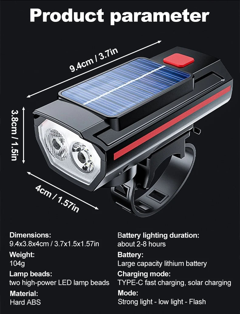 Luz Solar para bicicleta con bocina, 120dB, TYPE-C, carga rápida, lámpara frontal para bicicleta de montaña y carretera, linterna para bicicleta de 1200 mah