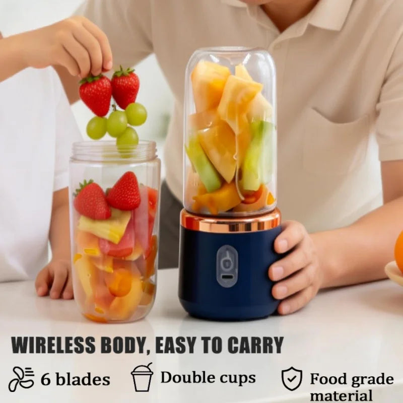 Licuadora Eléctrica Portátil de 400 ml, 2 Tazas, Mini Licuadora Multifuncional Inalámbrica para el Hogar, Recargable por USB, Vaso Mezclador Pequeño
