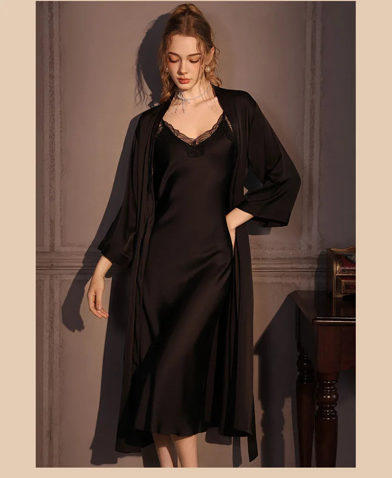 Conjunto de bata Twinset elegante para mujer, bata de baño tipo kimono largo, camisón de encaje Sexy, lencería, ropa de dormir nueva para primavera y otoño, vestido para casa