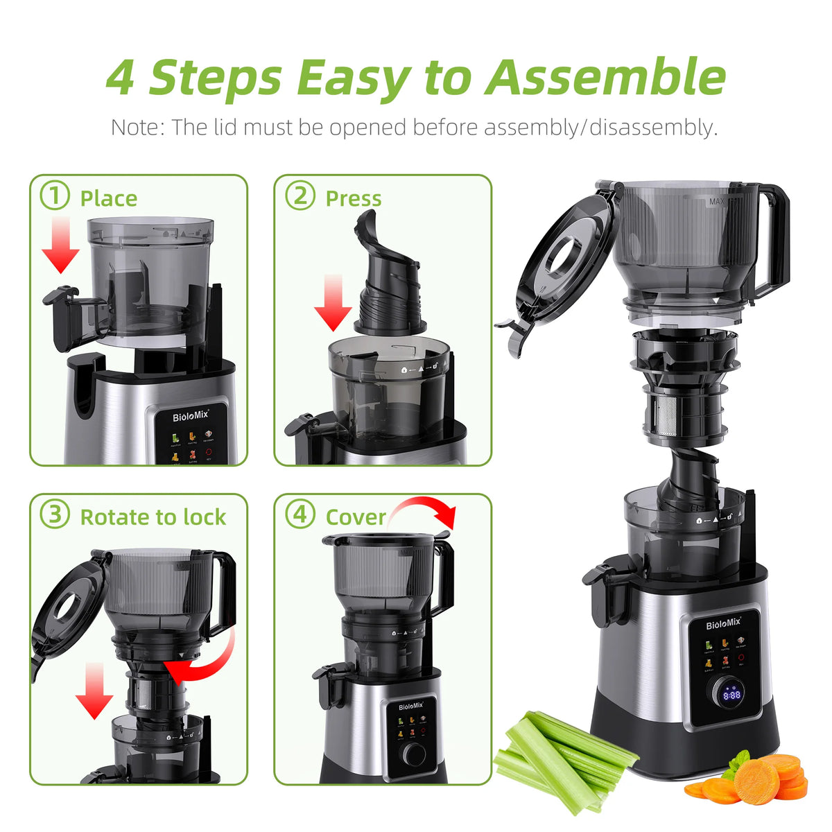 Extractor de Jugos Eléctrico Multifunción 3 en 1 BioloMix – Toma de Alimentación Ancha de 150 mm, Motor de 300 W con Pantalla Digital para Jugos Ricos en Nutrientes
