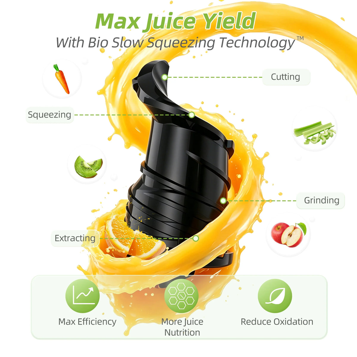 Extractor de Jugos Eléctrico Multifunción 3 en 1 BioloMix – Toma de Alimentación Ancha de 150 mm, Motor de 300 W con Pantalla Digital para Jugos Ricos en Nutrientes