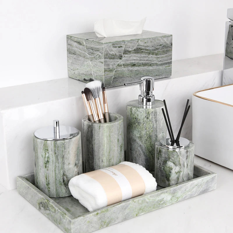 Juego de baño de mármol Natural verde esmeralda, jabonera de lujo, hisopos de algodón, tarro, difusor de caña, bandeja de tocador, accesorios de baño