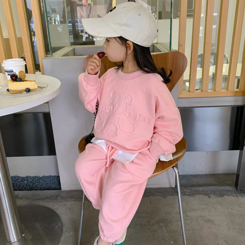 Conjunto de ropa informal para niña de 3 a 8 años, sudadera de manga larga con estampado de oso de dibujos animados, pantalones, 2 piezas, ropa deportiva