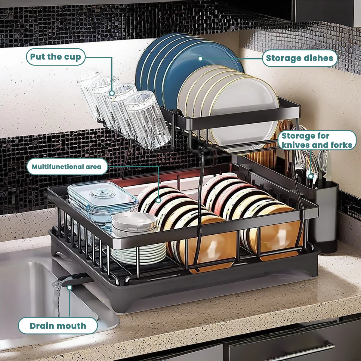 Escurridor de platos grande de 2 niveles para encimeras de cocina, escurridor de platos extraíble de gran capacidad