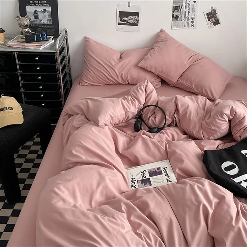 Juego de Ropa de Cama 100% Algodón, Juego de Sábanas de Algodón Lavado de Cuatro Piezas, Juego de Edredón, Funda de Edredón Doble para Parejas