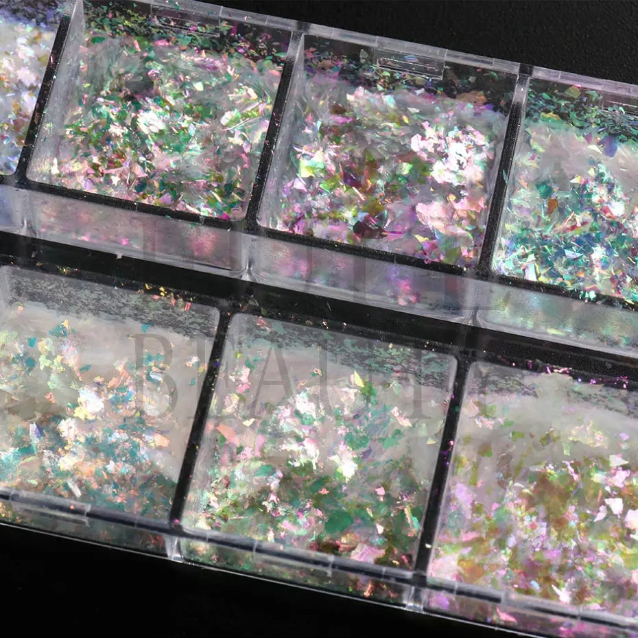 12 rejillas iridiscentes para uñas Aurora, purpurina de cristal, copos de fuego, holográficos, lentejuelas brillantes, dijes, esmalte de Gel, Flash para manicura