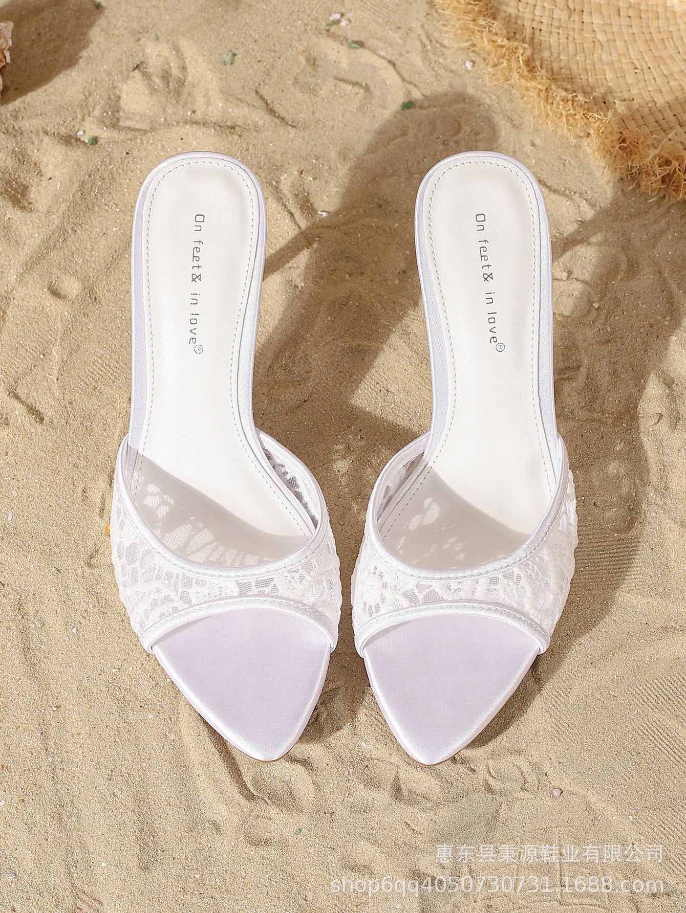 Zapatillas de mujer de tacón alto fino con bordado de malla elegante, sandalias deslizantes sexis con punta abierta y punta estrecha, zapatos cómodos de verano para mujer