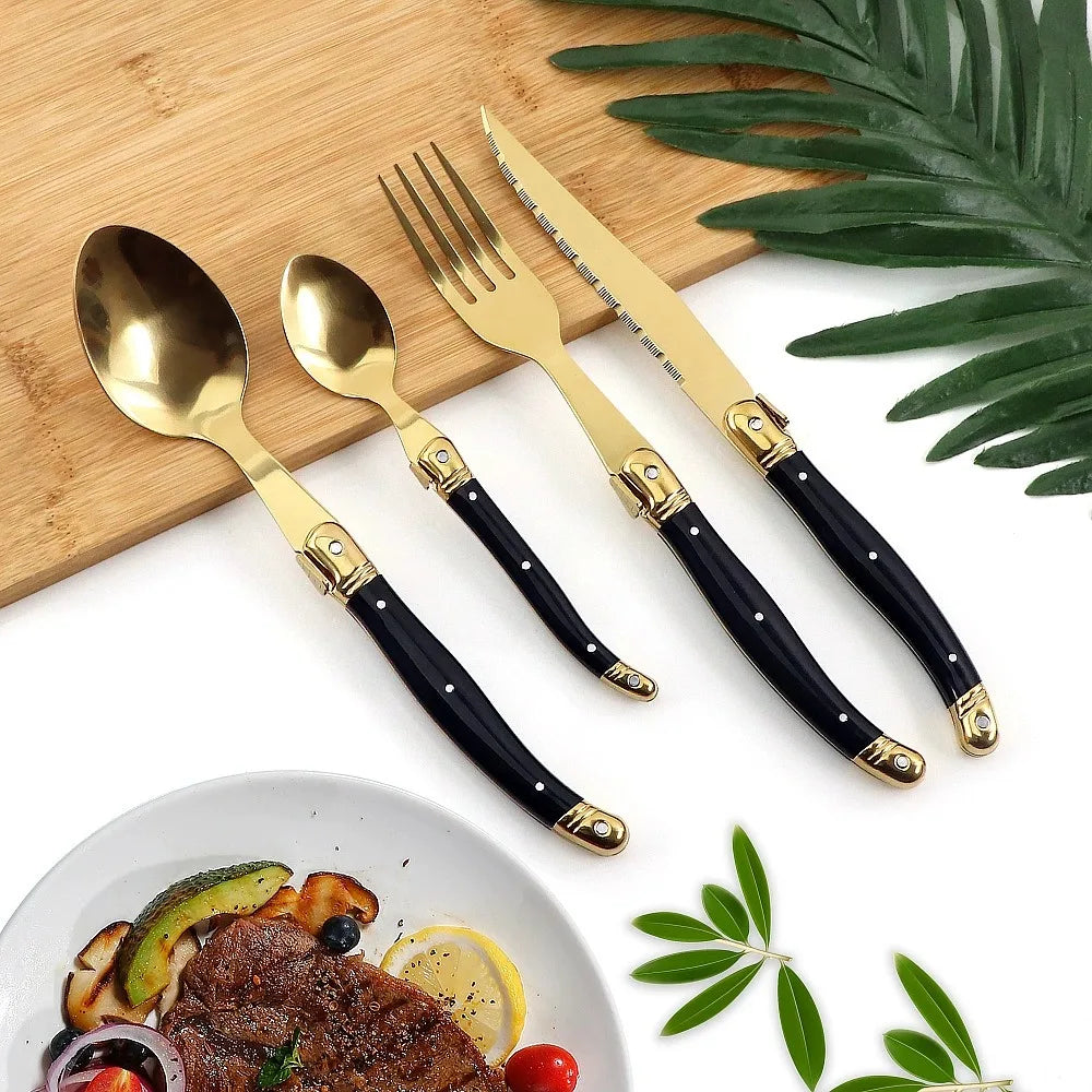 Cuchillos para Carne, Recubiertos de Titanio Dorado, Acero Inoxidable Serrado, Mango Negro, Cuchillo de Cena Estilo Occidental para Cocina, Restaurante y Vajilla