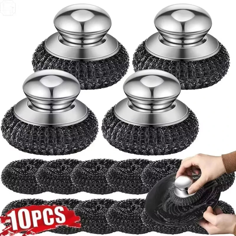 Cepillo de Acero Inoxidable con Mango y Bola Metálica Resistente para Lavar Platos, 1-10 Piezas, Limpiador y Purificador de Metal para Cocina