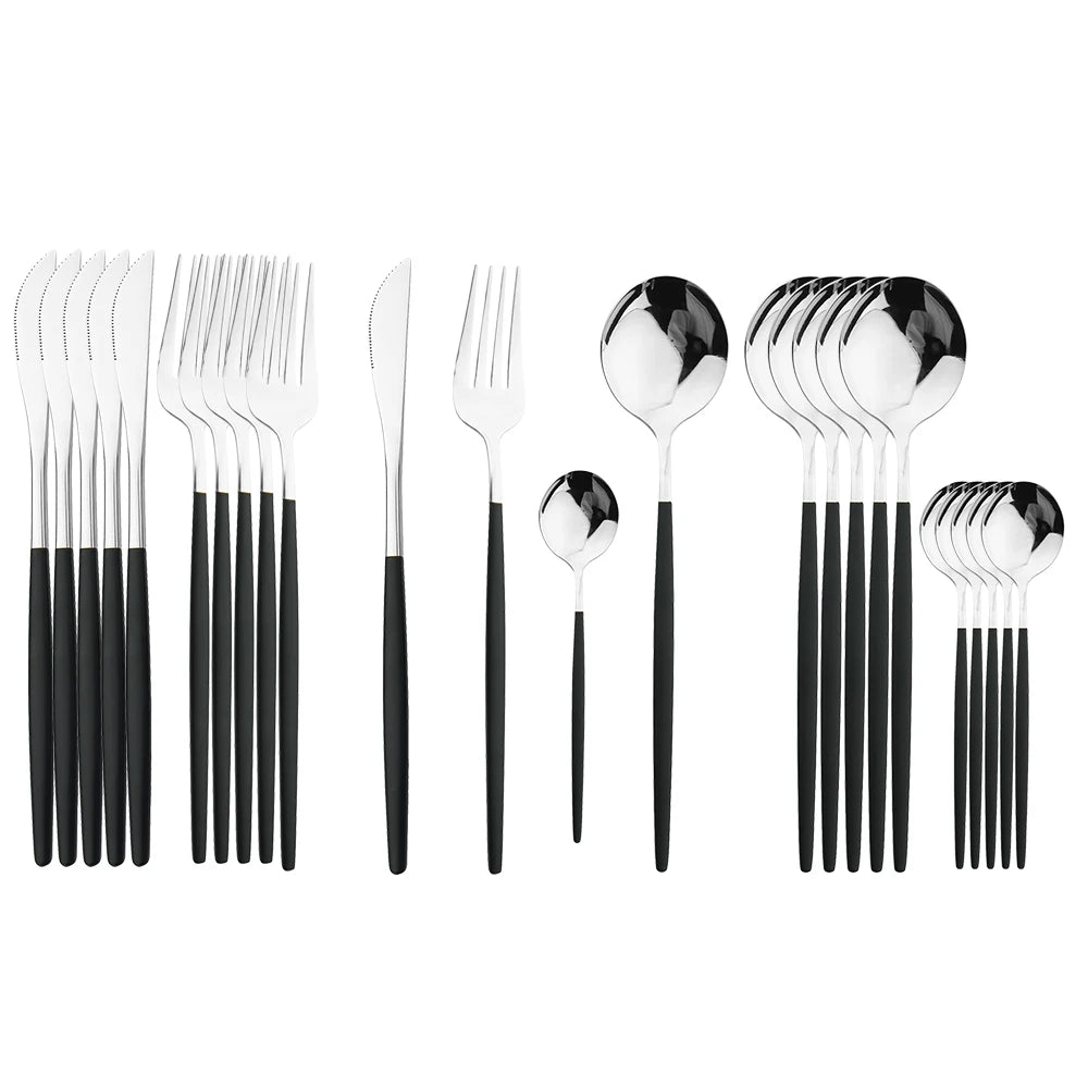 Juego de cubiertos dorados con mango negro, 24 Uds., cuchillo de acero inoxidable, tenedor, cuchara, vajilla, juego de cubiertos, vajilla de cocina para Festival, regalo
