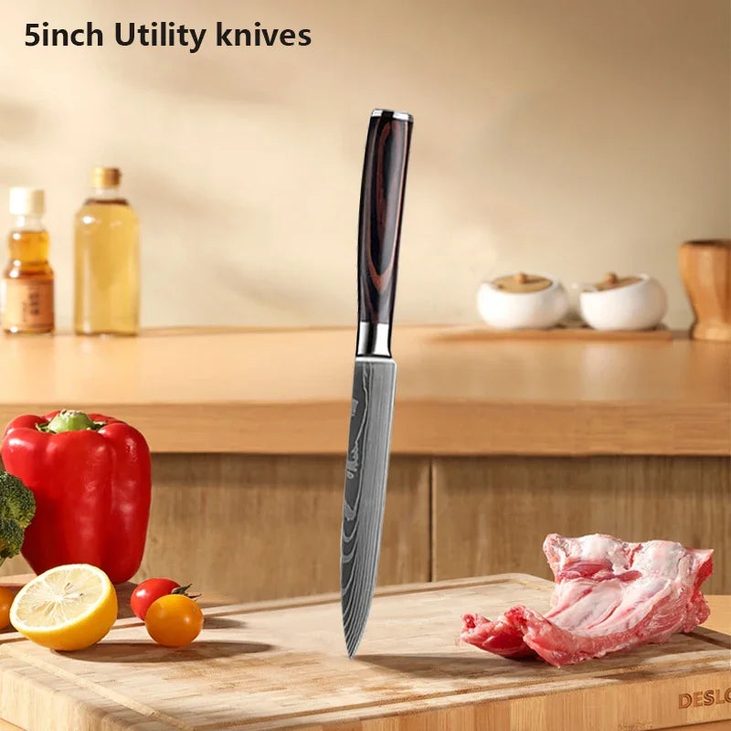 Juego de cuchillos de cocina con láser Damasco Santoku, cuchillo de utilidad, cuchillo de Chef profesional, cuchillo de carnicero, accesorios de cocina, 3 uds.